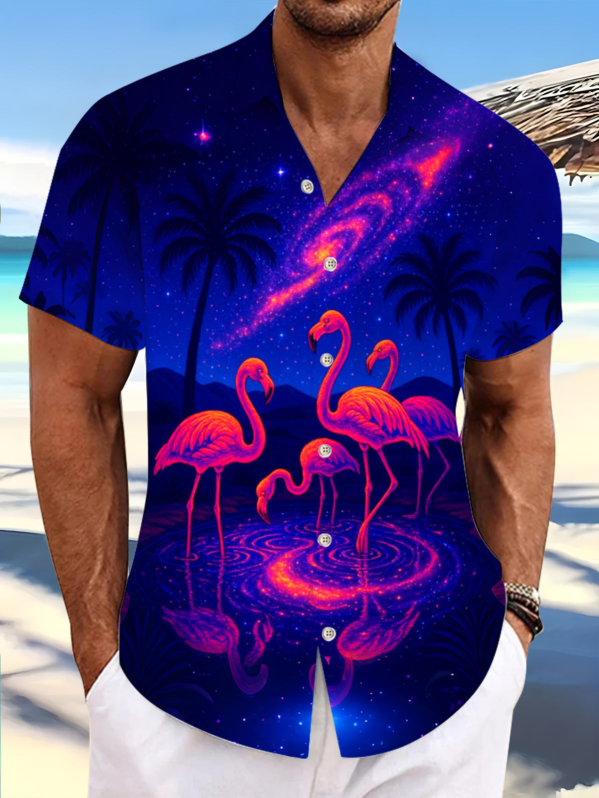 Hawaiian Flamingo Coconut Tree Print Men's Pocket Short Sleeve Shirts