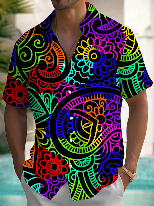 Men's ethnic print pocket short sleeve shirt front view