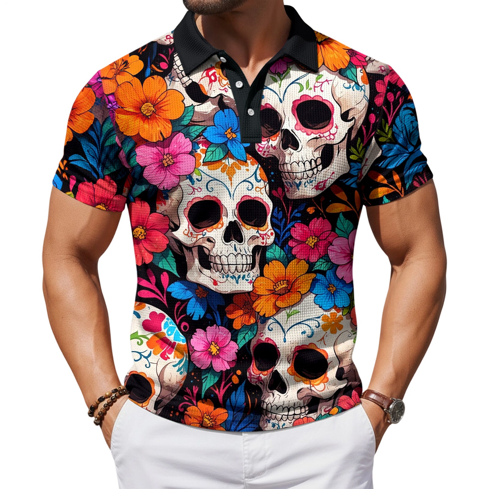 Skull Collared Tee Shirt for Men Waffle Floral Summer Short Sleeve Fashion Button Graphic Tee Shirt for Beach consistent