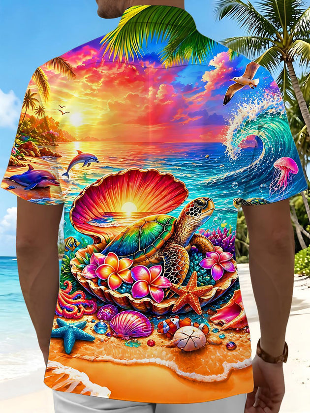 Hawaiian Ocean Turtle Men's Pocket Short Sleeve Shirts