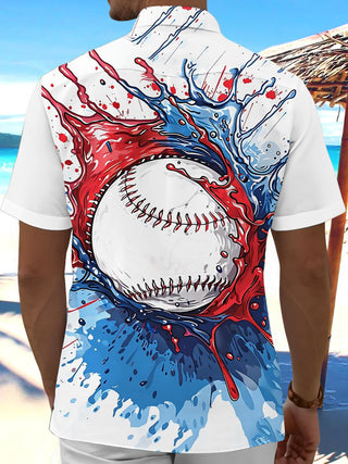 Men's baseball print pocket short sleeve shirt back view