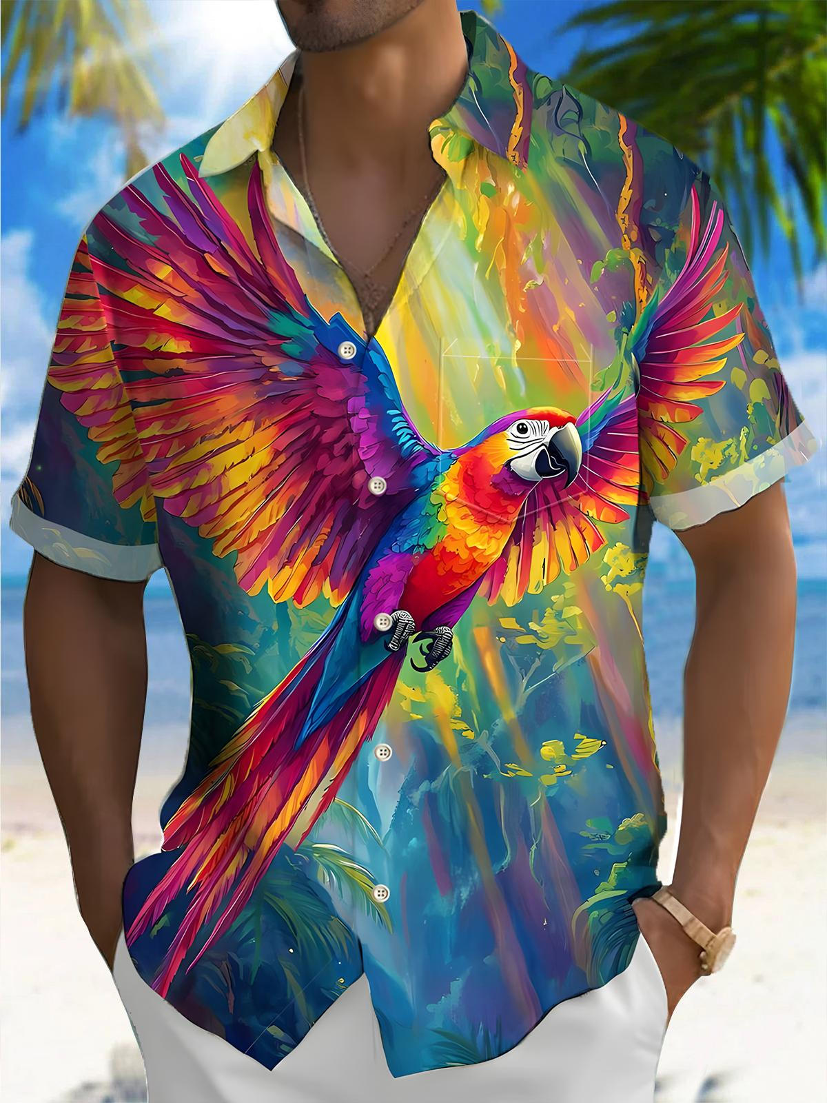 Parrot Print Men's Pocket Short Sleeve Shirts