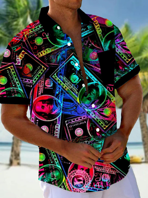 Men's Dollar Print Pocket Short Sleeve Shirt front view