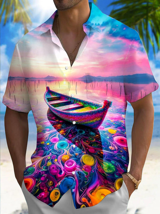 Men's Hawaiian boat print short sleeve shirt front view tropical beach vacation