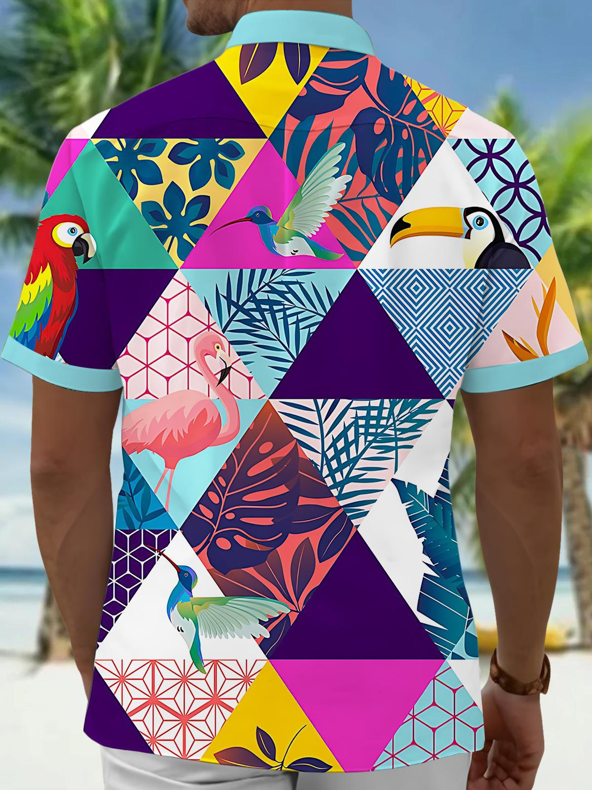 Hawaiian Plant Flamingo Parrot Print Men's Pocket Short Sleeve Shirts