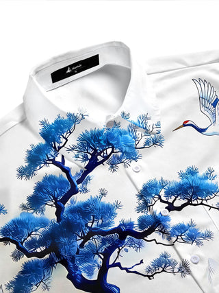 Blue And White Porcelain Landscape Red-crowned Crane Men's Pocket Short Sleeve Shirts
