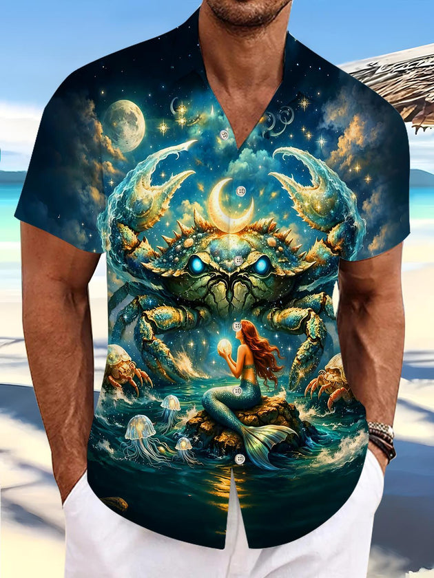 Men's dark mermaid and crab pattern pocket short sleeve shirt front view