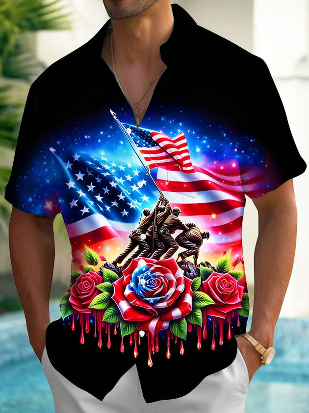 Men's American flag print short sleeve shirt front view