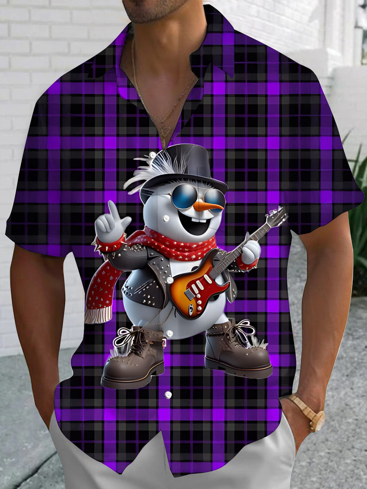 Rock Snowman Guitar Print Men's Pocket Short Sleeve Shirts