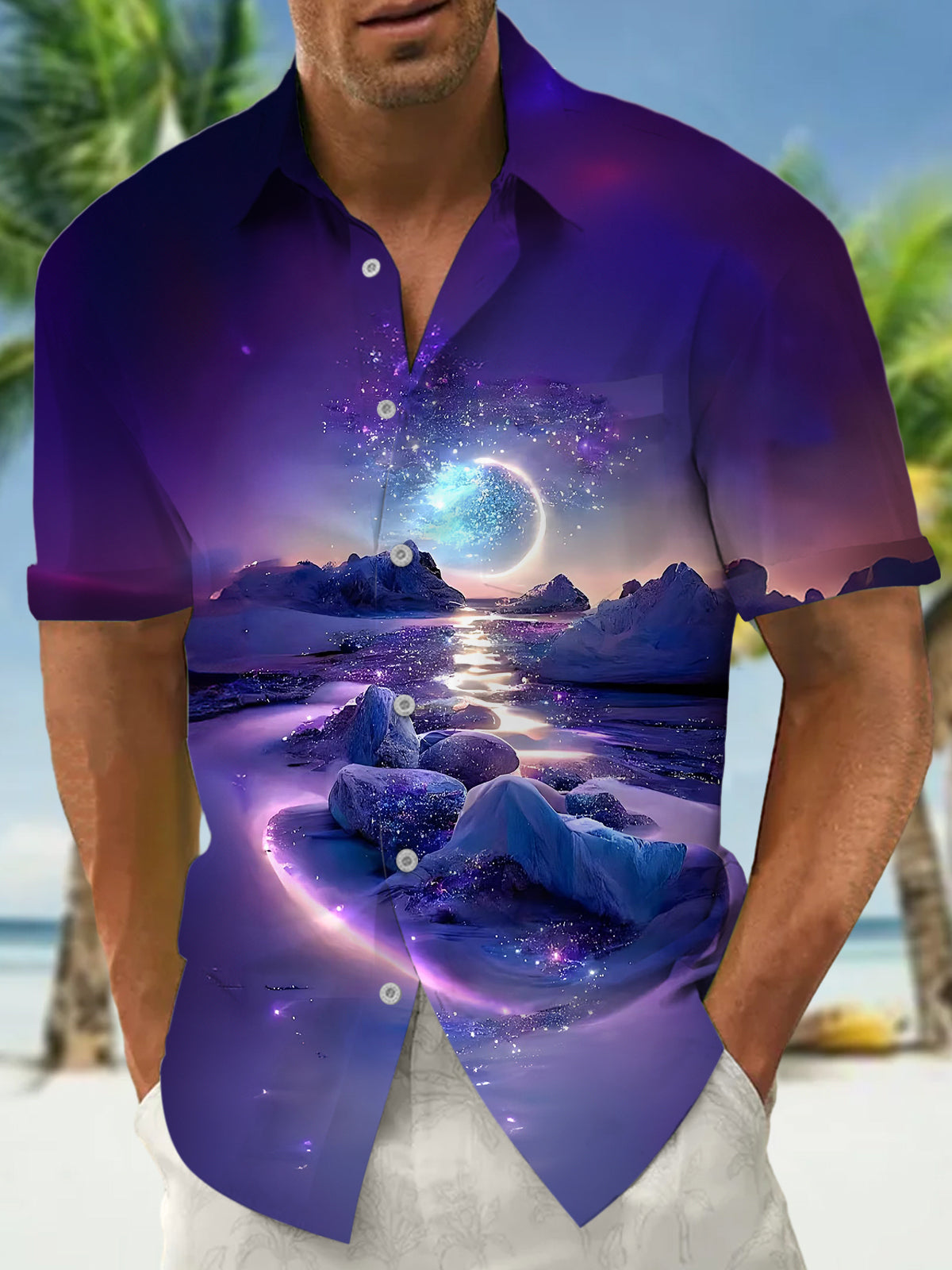 Moon Landscape Print Men's Pocket Short Sleeve Shirts