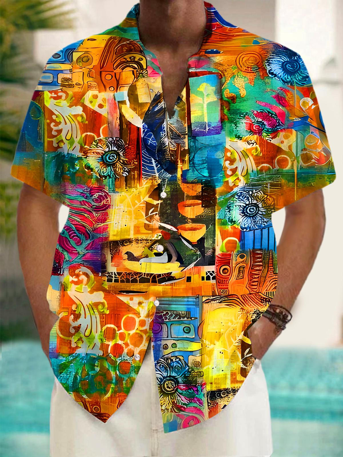 Vintage Colorful Abstract Art Painting Men's Pocket Short Sleeve Shirts