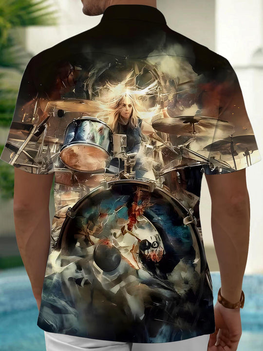 Men's black drum print short sleeve shirt back view
