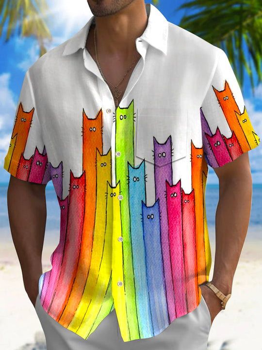 Men's cat print pocket short sleeve shirt front view