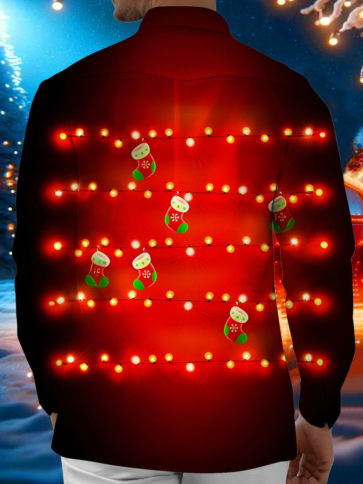 Fun Christmas Light-Up Socks Xmas Men's Pocket Long Sleeve Shirts