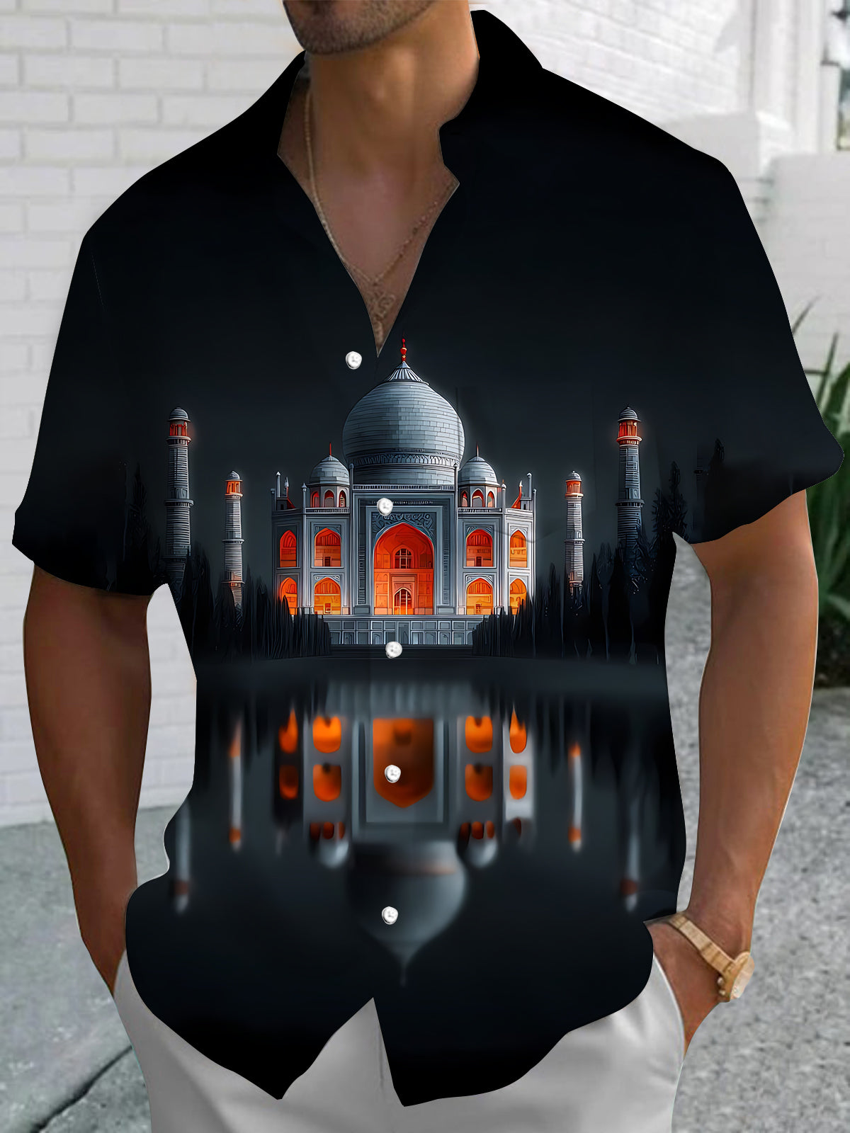 Castle Print Men's Pocket Short Sleeve Shirts