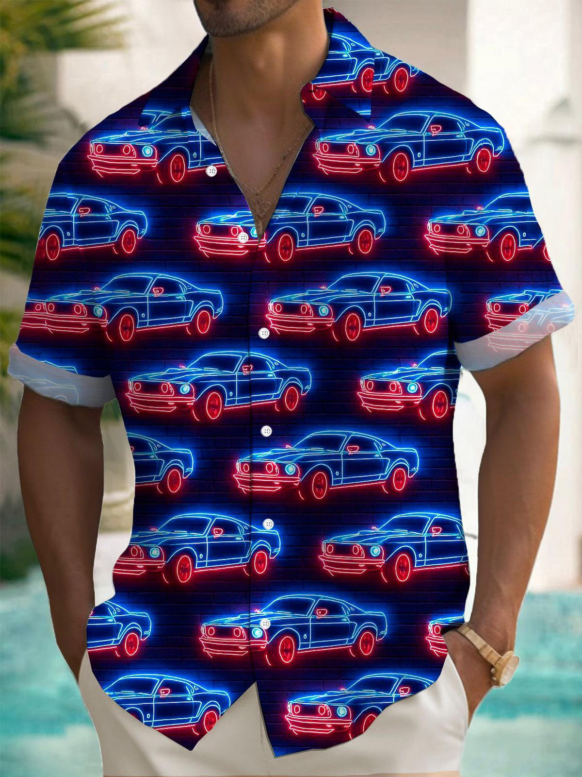 Vintage Car Print Men's Pocket Short Sleeve Shirts