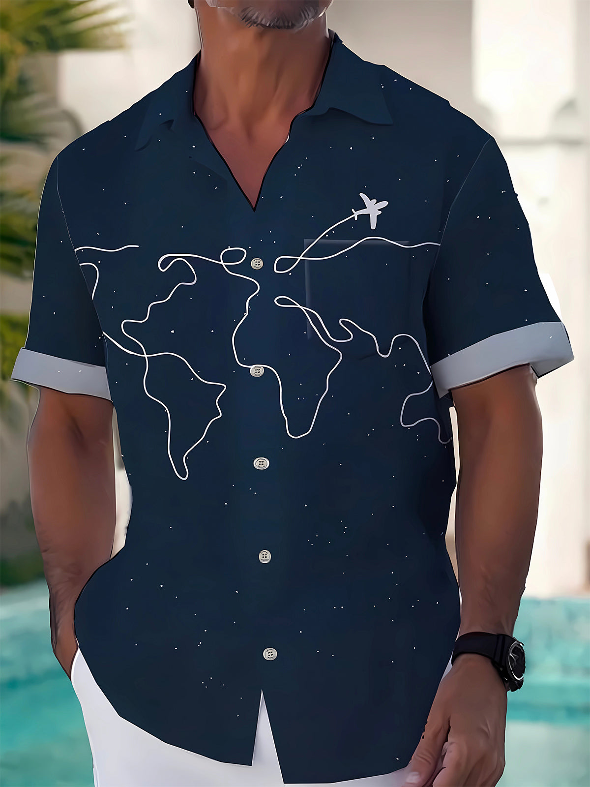 Map Print Men's Pocket Short Sleeve Shirts