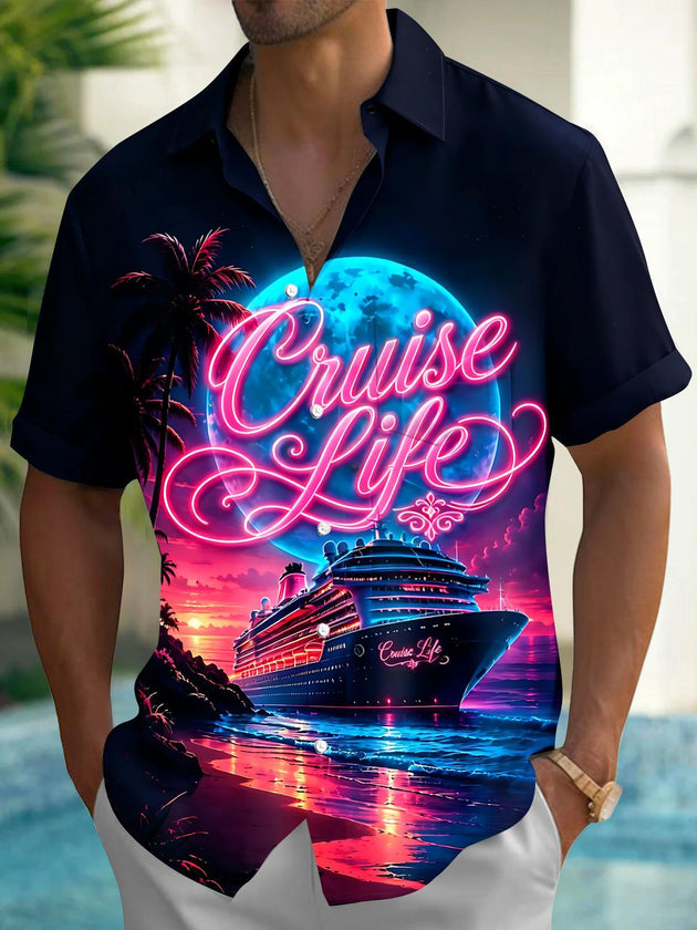 Hawaiian Coconut Tree Cruise Life Men's Pocket Short Sleeve Shirts