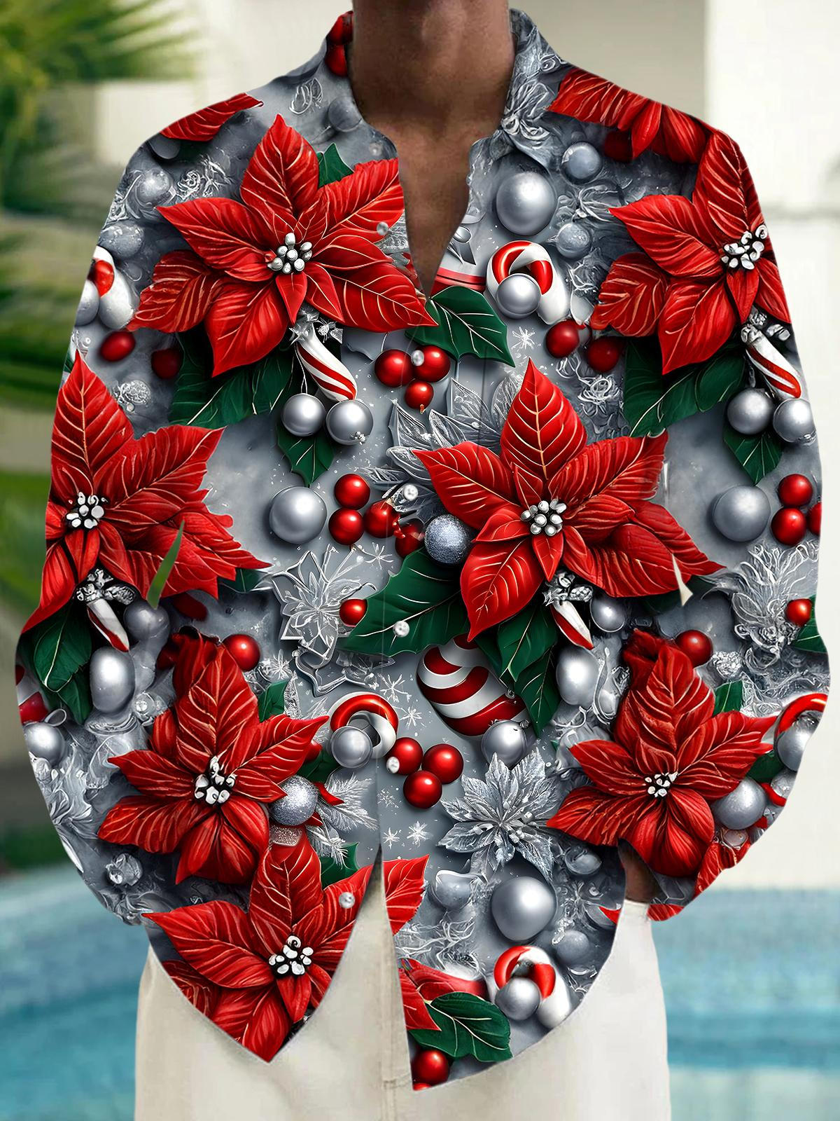 Christmas Flower Men's Pocket Long Sleeve Shirts