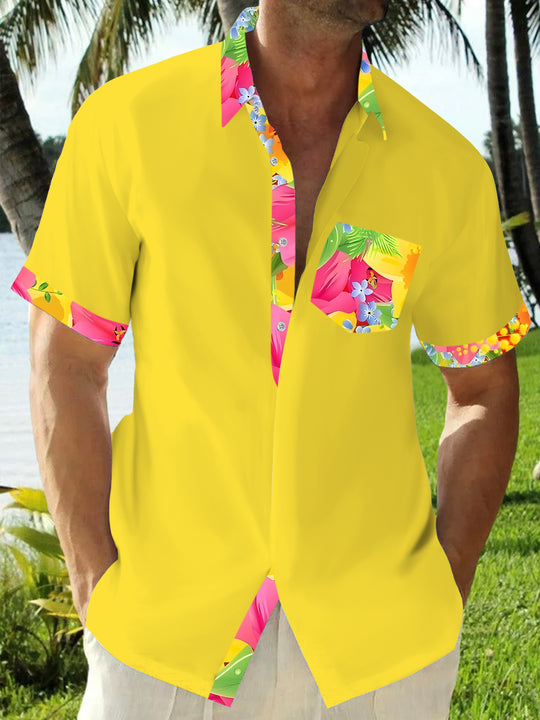 Men's Hawaiian floral short sleeve pocket shirt front view for tropical beach vacation