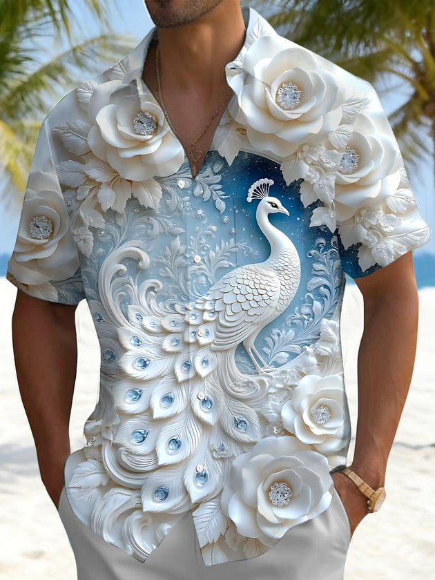 Peacock Flower Print Men's Pocket Short Sleeve Shirts