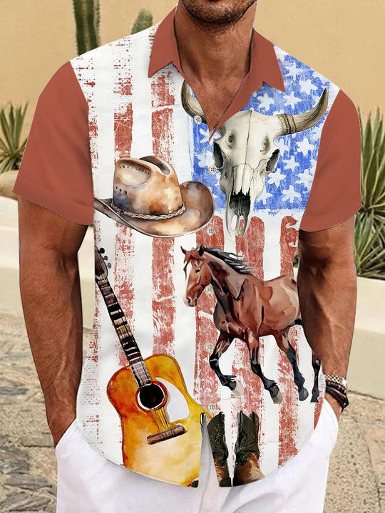 Men's American flag print pocket short sleeve shirt front view
