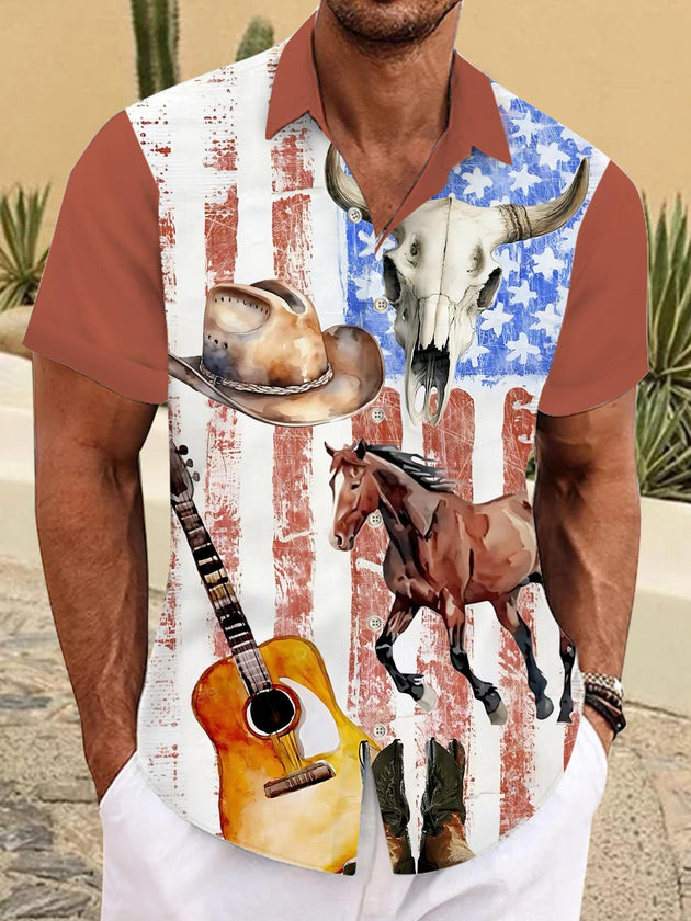 Men's American flag print pocket short sleeve shirt front view
