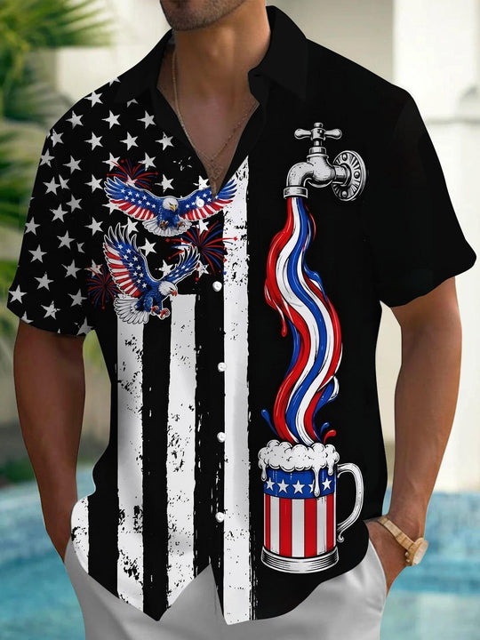 Independence Day American Flag Eagle Hawaiian Print Men's Pocket Short Sleeve Shirts