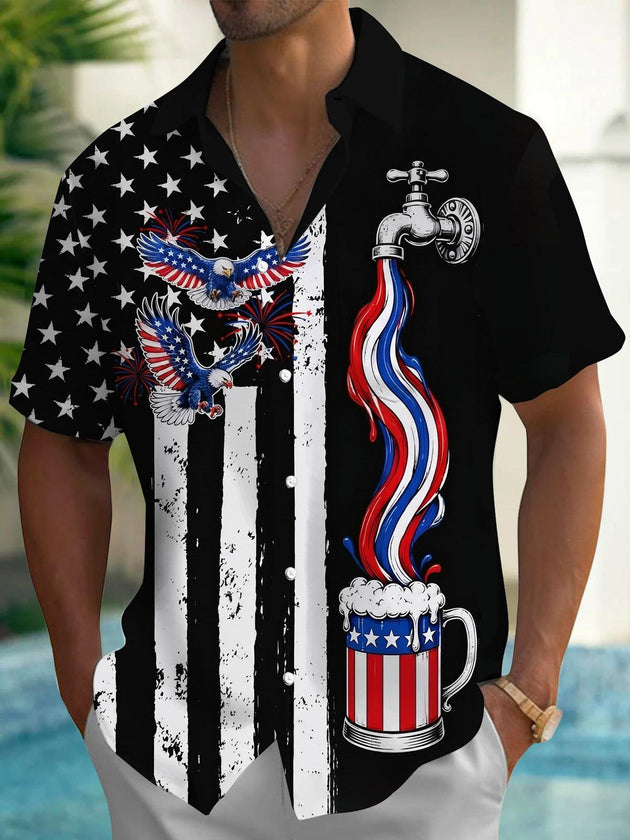Independence Day American Flag Eagle Hawaiian Print Men's Pocket Short Sleeve Shirts