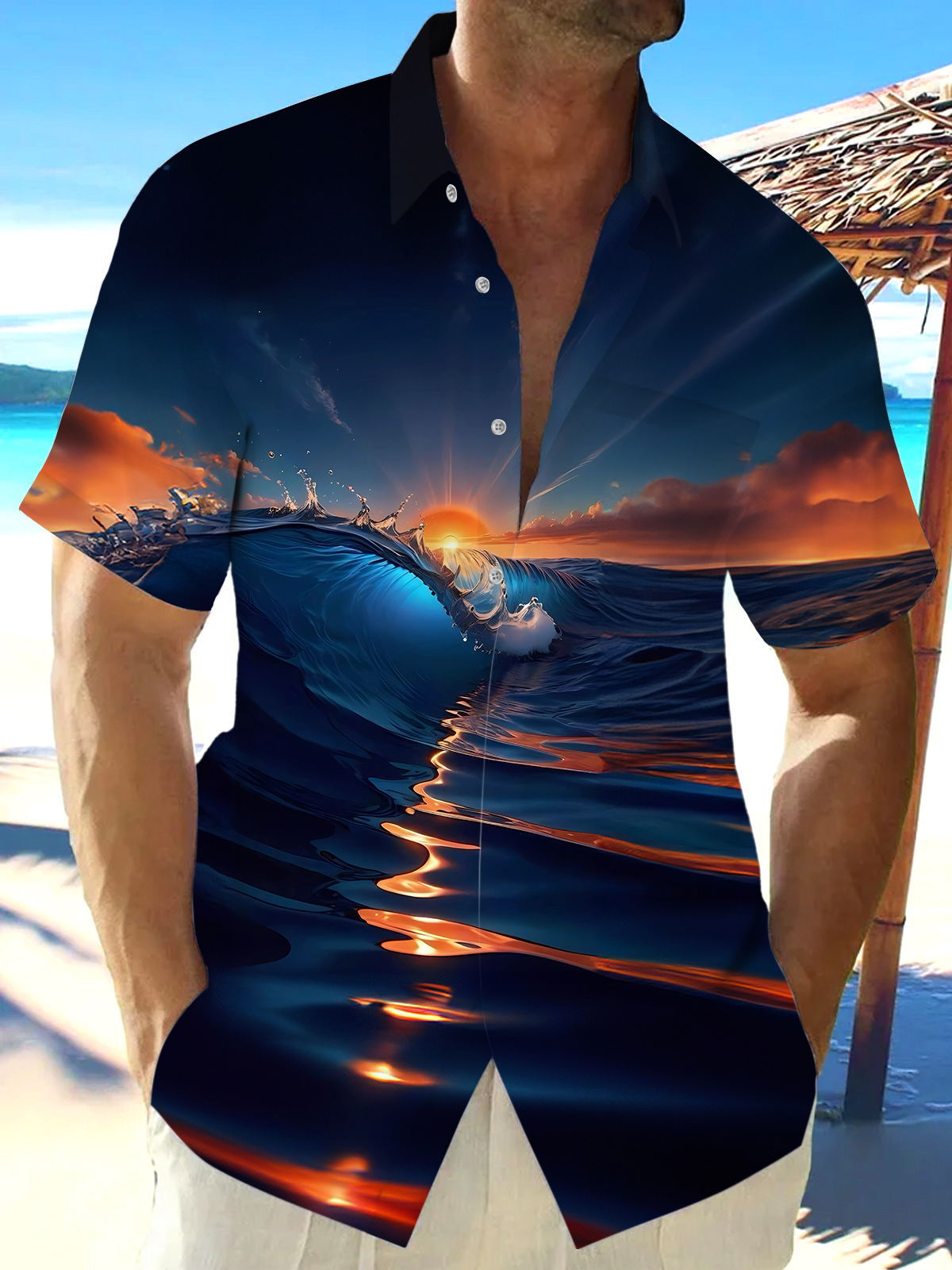 Sunset Sea Wave Men's Pocket Short Sleeve Shirts