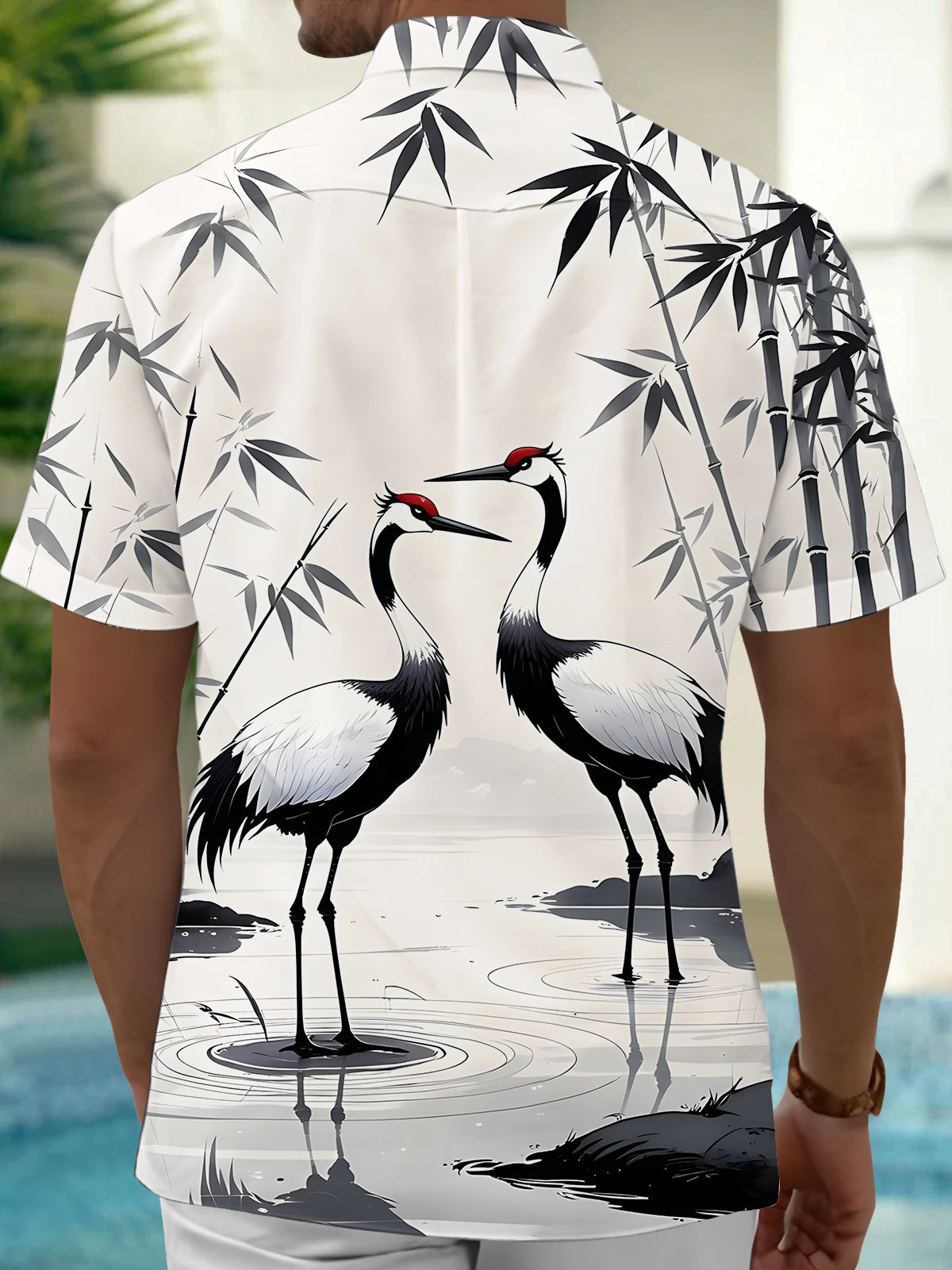 Red Crowned Crane Bamboo Print Men's Pocket Short Sleeve Shirts