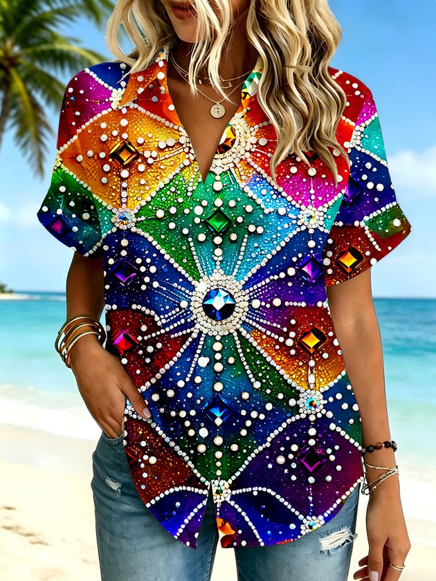 Colorful Gemstone Sparkle Women's Short Sleeve Shirts