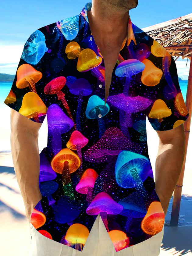 Men's colorful fantasy mushroom short sleeve shirt front view