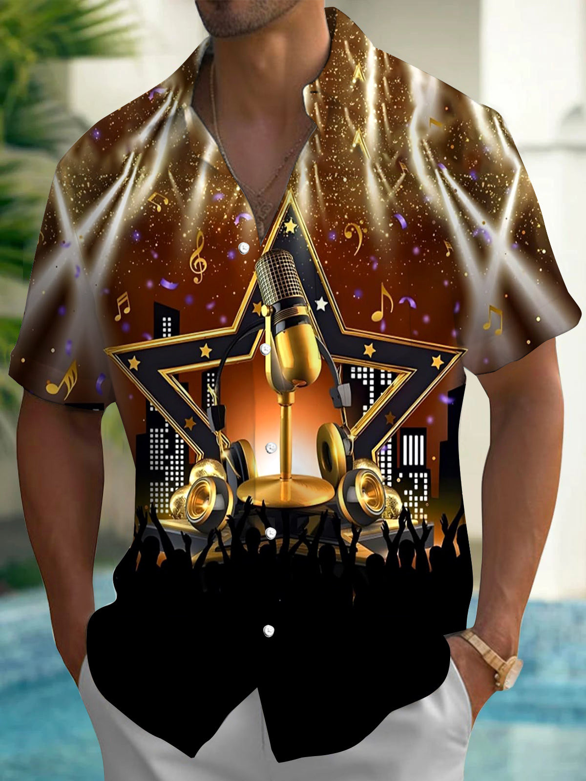 Music Stage Print Men's Pocket Short Sleeve Shirts