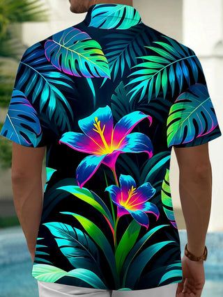 Men's blue Hawaiian floral leaf short sleeve shirt back view