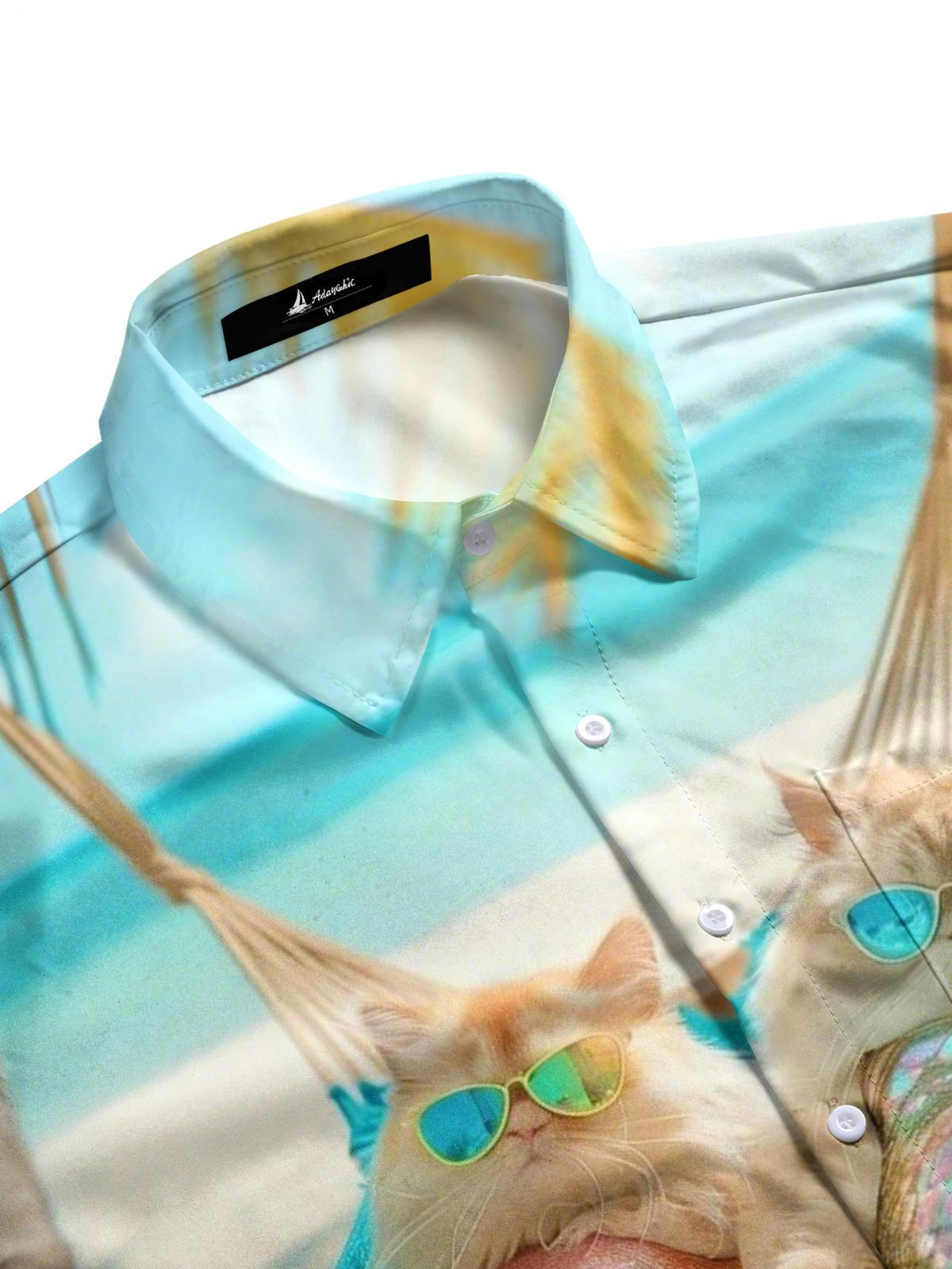 Hawaiian Beach Cat Mermaid Print Men's Pocket Short Sleeve Shirts