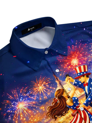 Men's short sleeve pocket shirt side view with dancing print for Independence Day celebration