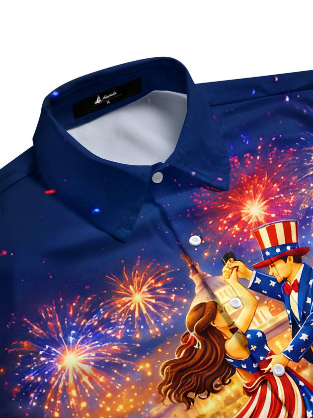 Men's short sleeve pocket shirt side view with dancing print for Independence Day celebration
