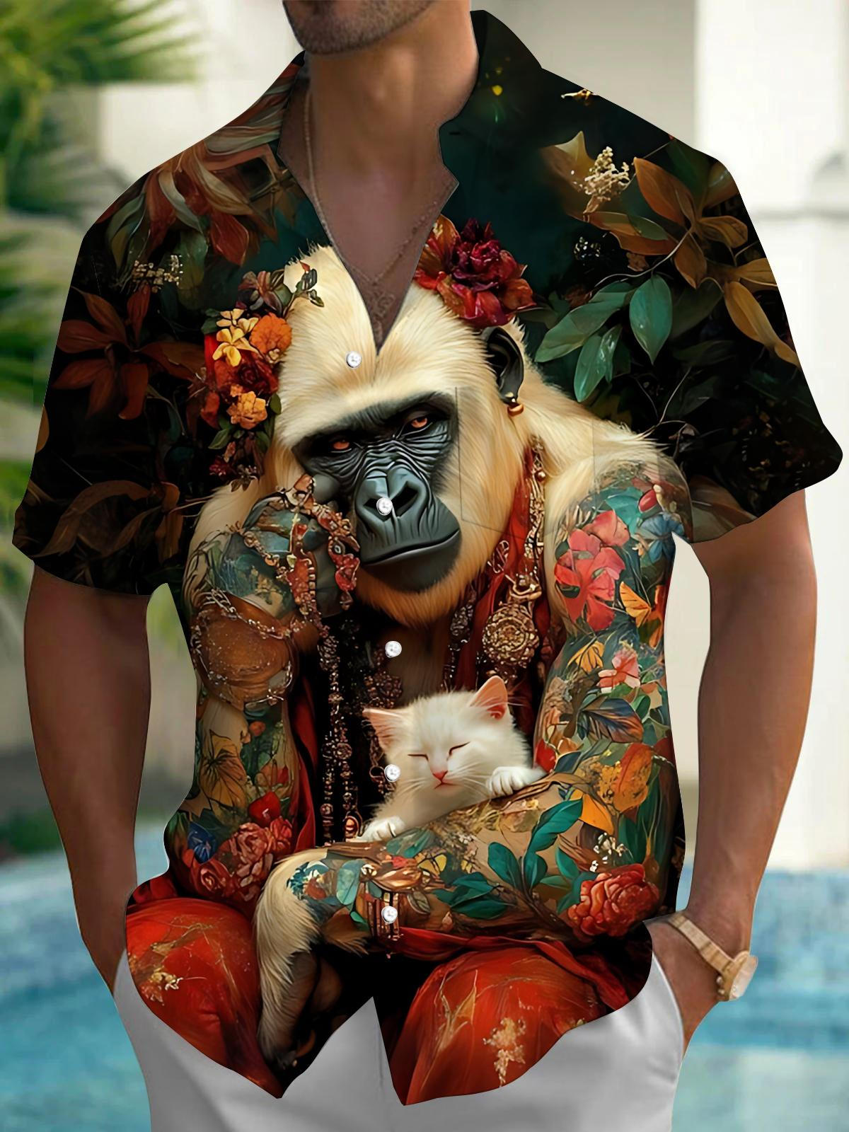 Orangutan Cat Plant Print Men's Pocket Short Sleeve Shirts