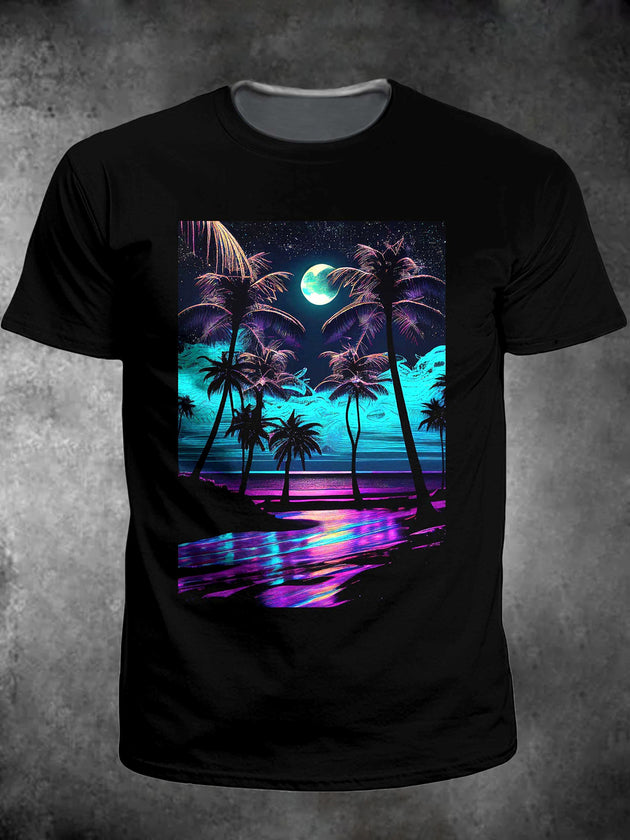 Men's coconut tree short sleeve graphic t-shirt front view for tropical beach vacation