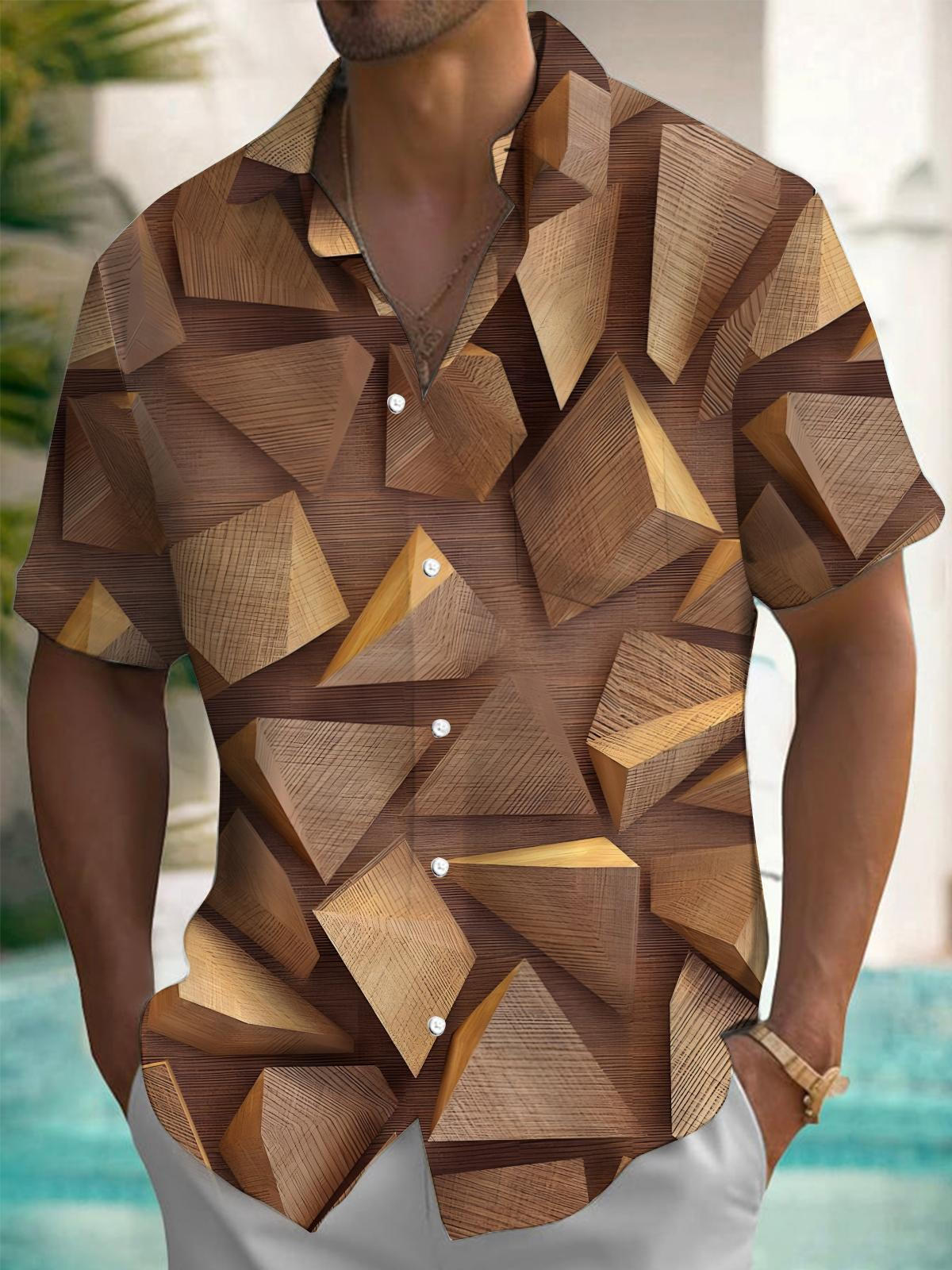 Geometric Wood Block Print Men's Pocket Short Sleeve Shirts