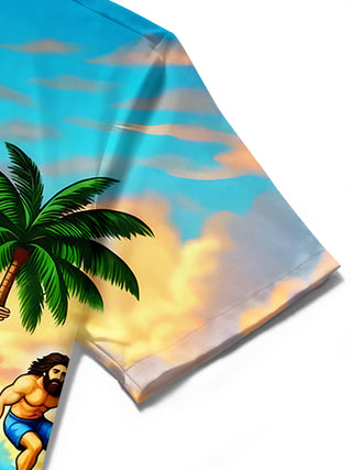 Men's Hawaiian print short sleeve shirt close-up pocket detail