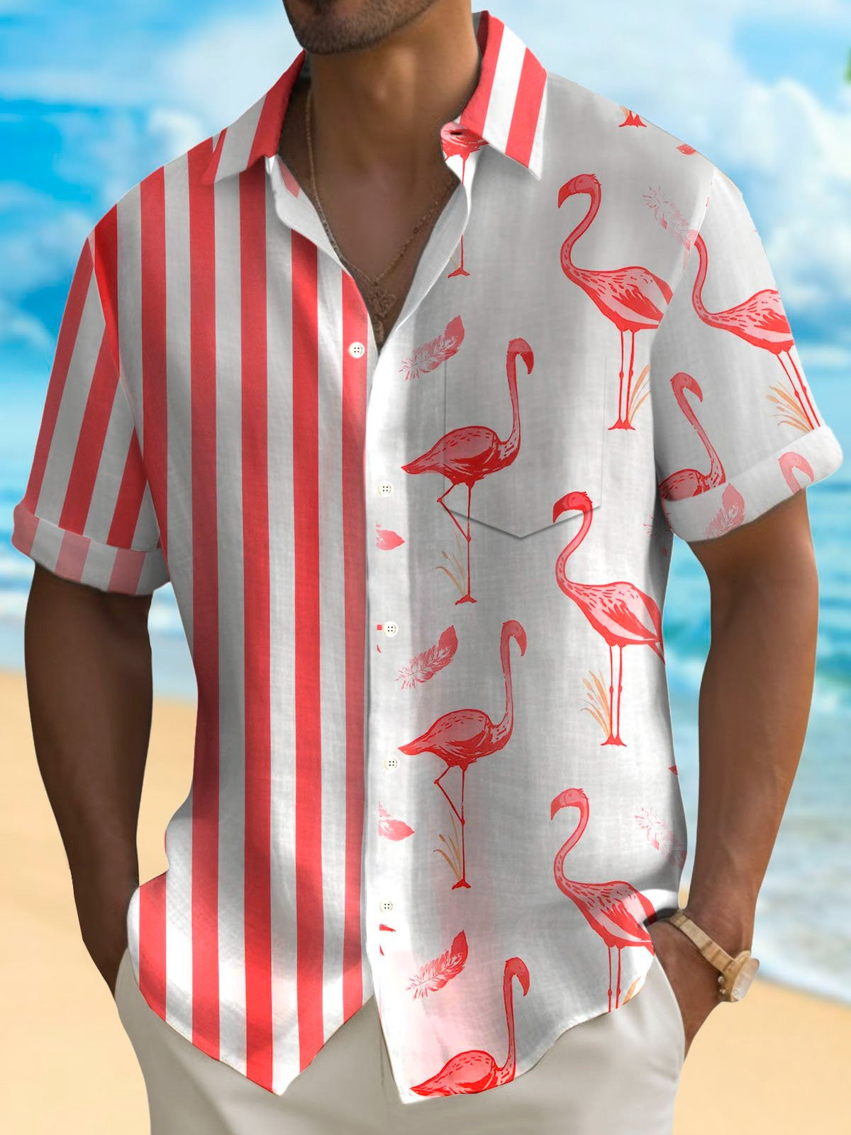 Hawaiian Flamingo Stripe Print Short Sleeve Men's Shirts With Pocket