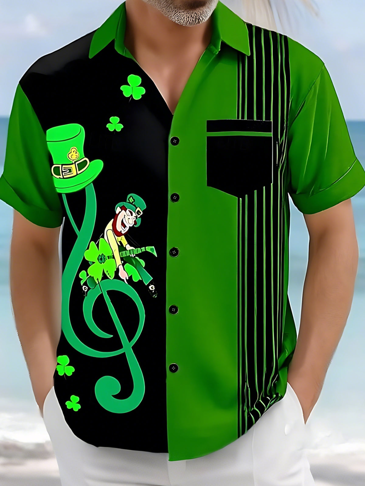St. Patrick's Day Musical Note Clown Print Men's Pocket Short Sleeve Shirts