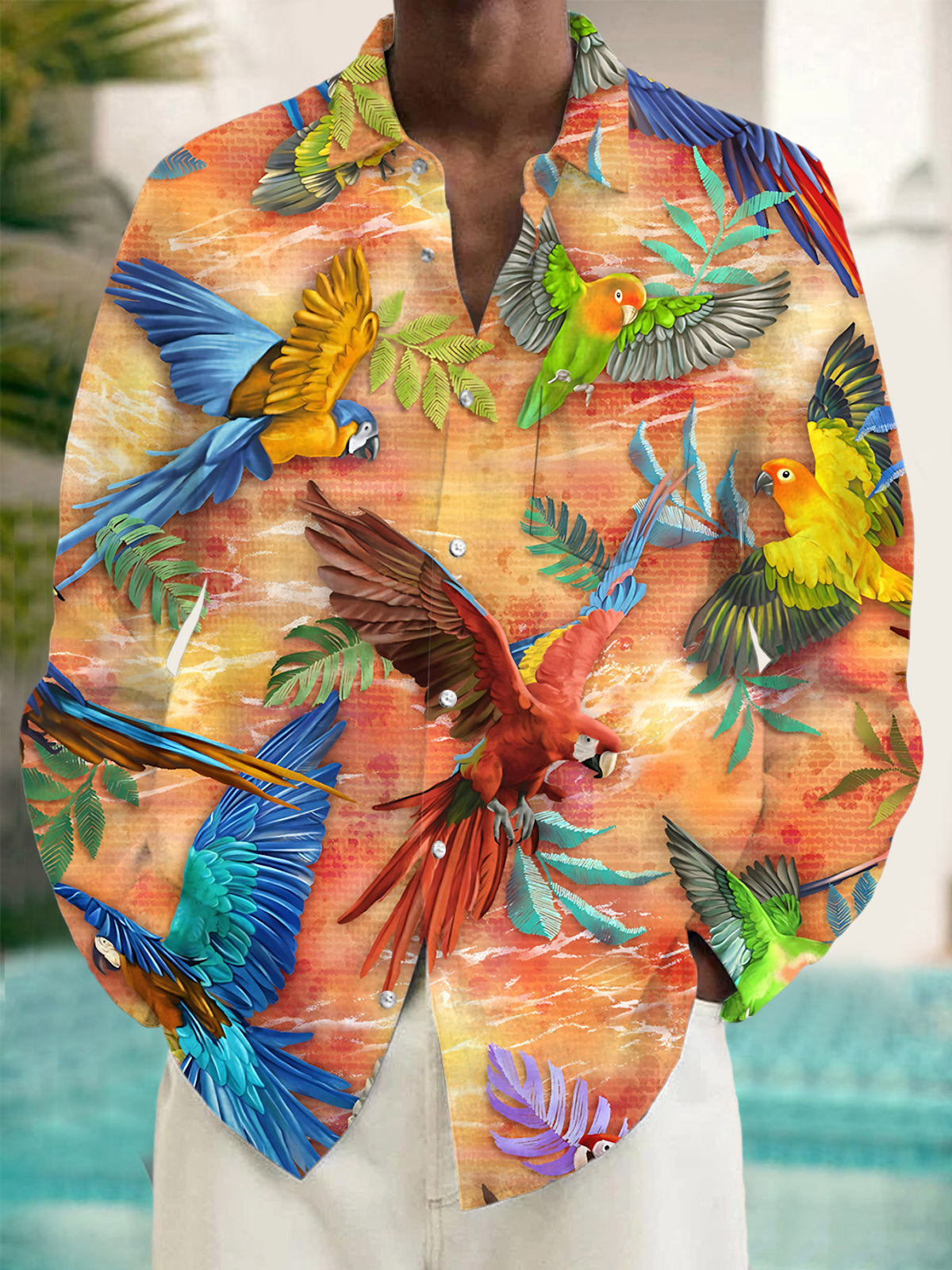 Parrot Print Men's Pocket Long Sleeve Shirts