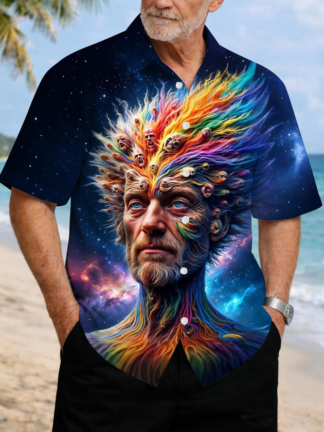 Dark Cosmic Starry Sky Human Face Art Men's Pocket Short Sleeve Shirts