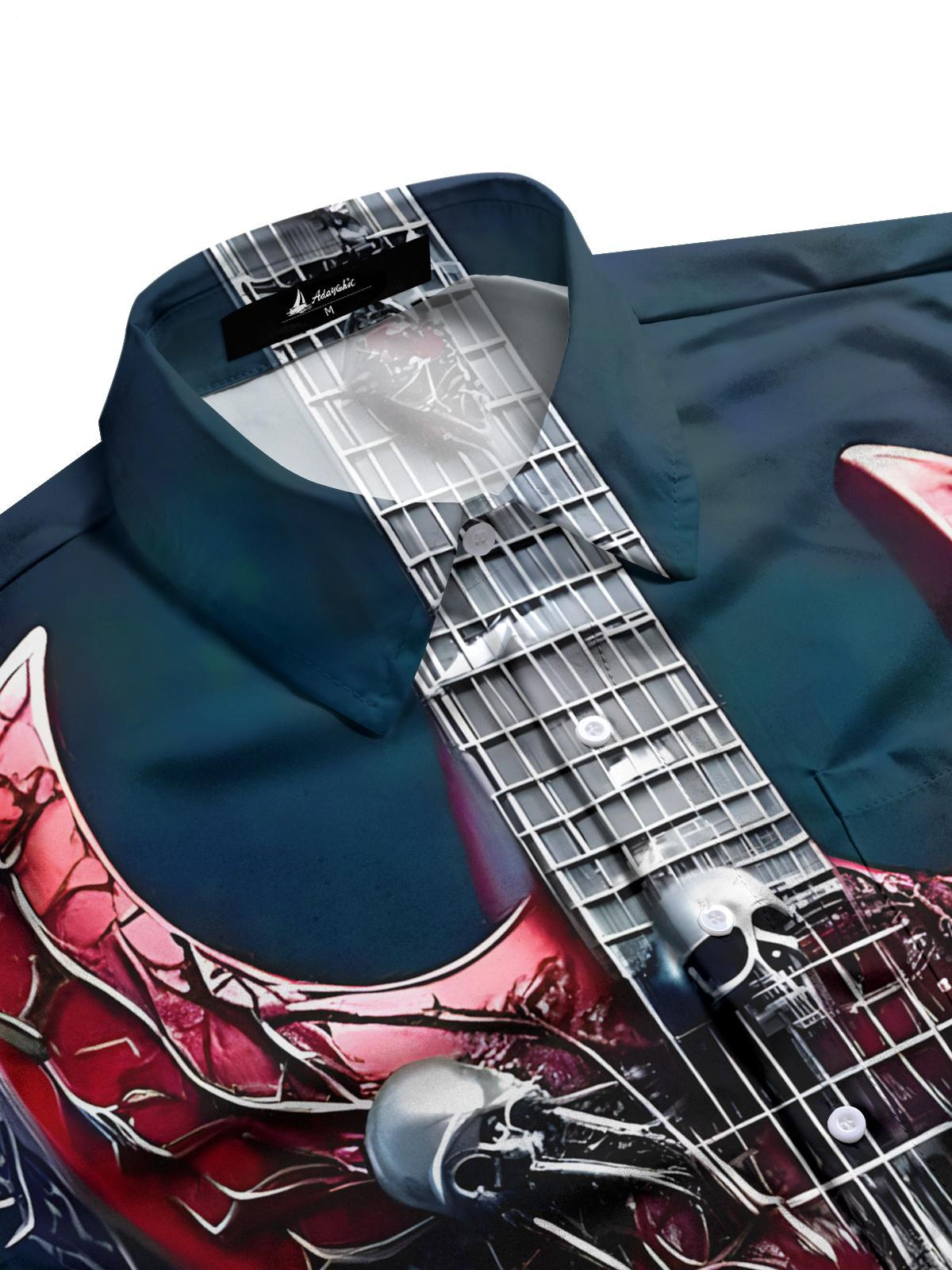 Skull Guitar Print Men's Pocket Short Sleeve Shirts