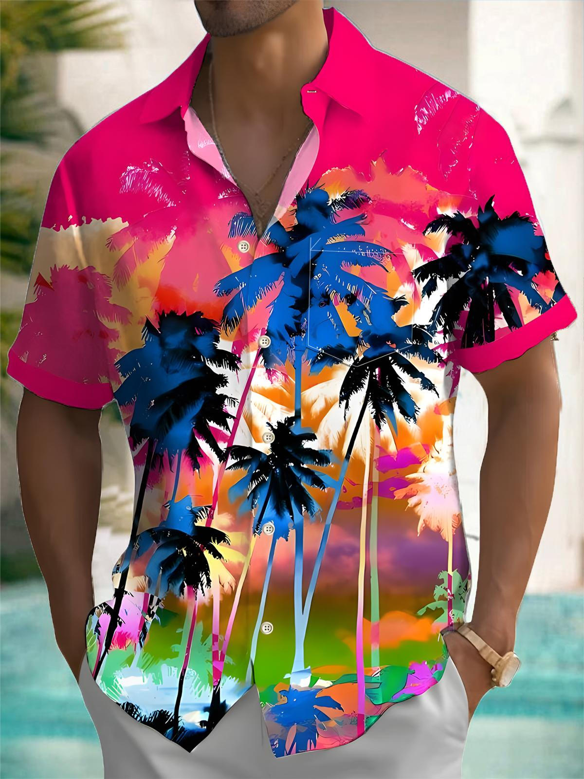 Coconut Tree Print Men's Pocket Short Sleeve Shirts