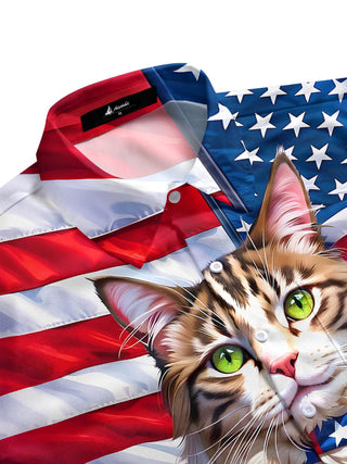 Men's patriotic American flag print short sleeve shirt, side view
