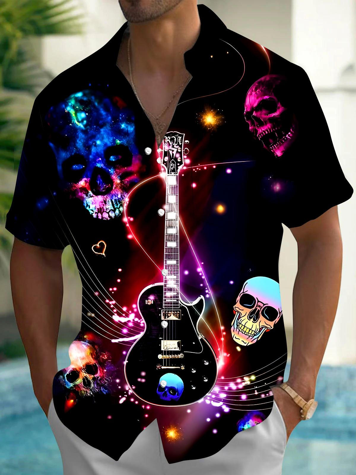 men's guitar print shirt front view